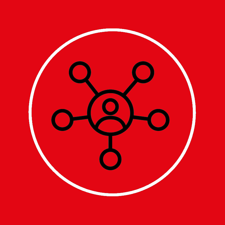 Eine rote Kachel mit einem Netzwerksymbol in der Mitte. Eine Figur in einem Kreis in der Mitte , darum herum kleine Kreise.